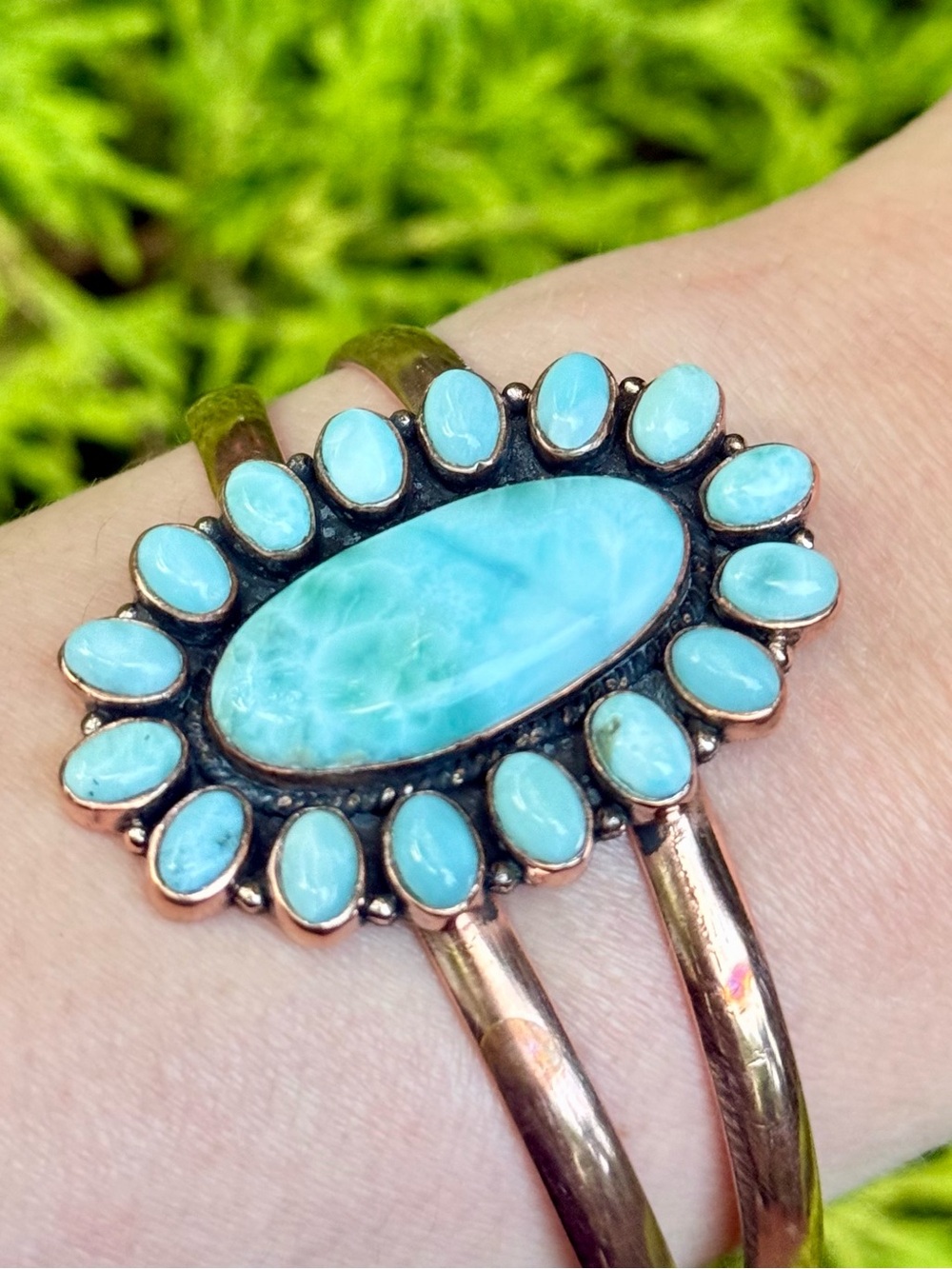 BL18 Genuine Dominican Larimar Flower Cluster OpenTop RoseGoldTone Bracelet/Cuff